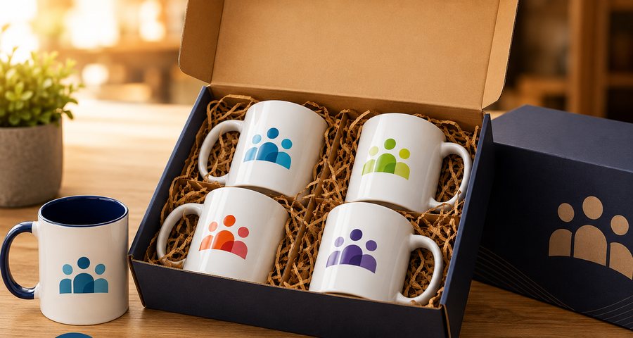 Caja de regalo con cuatro tazas impresas con el logotipo de una empresa